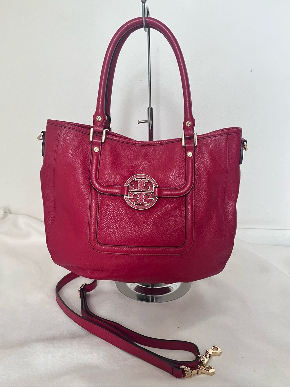 Tory Burch Amanda Classic Hobo Red Leather Logo Tote with Detachable Strap